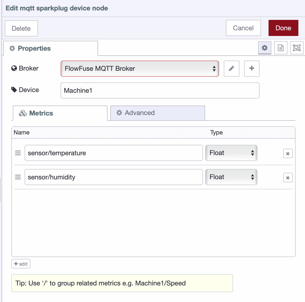 Screenshot showing the Sparkplug Device node configuration and the "Add" button for defining metrics