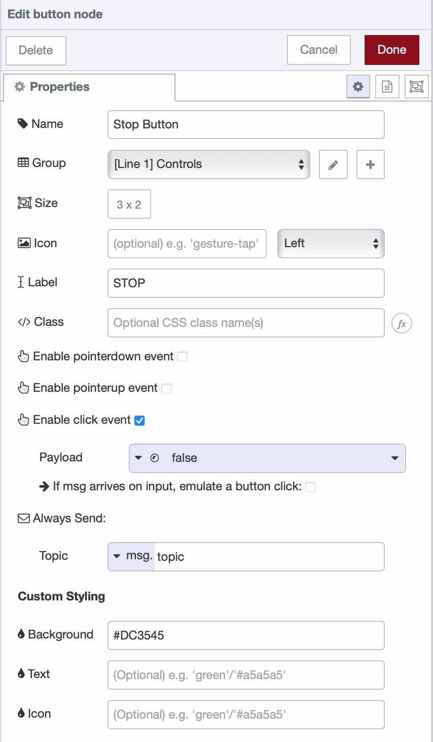 Button node configuration showing Stop label, false payload, and red background color